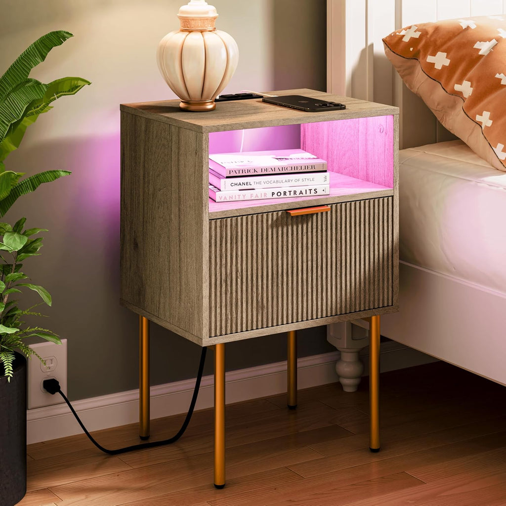 Modern Nightstand with Charging Station and LED Lights, White Bedside Table with Drawer, Fluted Side Table