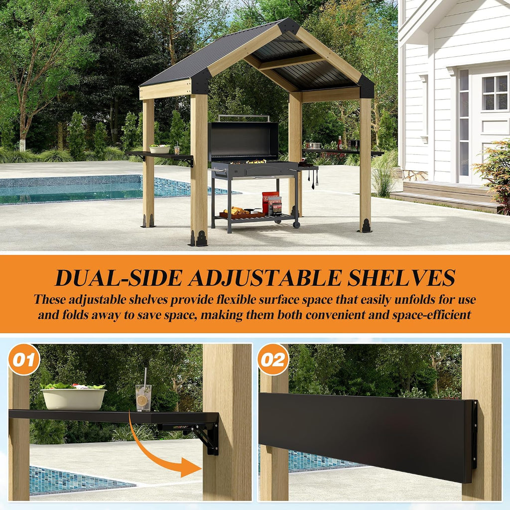 7.7'x5.7' Outdoor Grill Wood Gazebo - Hardtop Gazebo with 2 Side Shelves and Galvanized Steel Roof