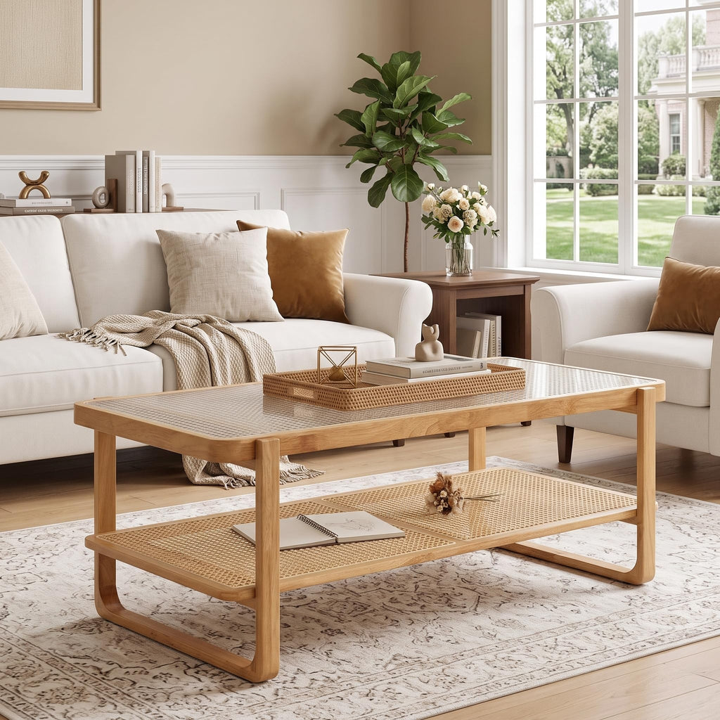 Solid Wood Coffee Table, Modern Rattan Coffee Table with 2-Tier Storage Shelf, Boho Rectangle Coffee Table with Glass