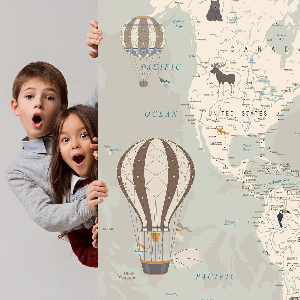 Kids World Map Wallpaper with Animals-Peel and Stick Educational Decals-Nursery Murals for Baby, Toddlers, Boys, Kids