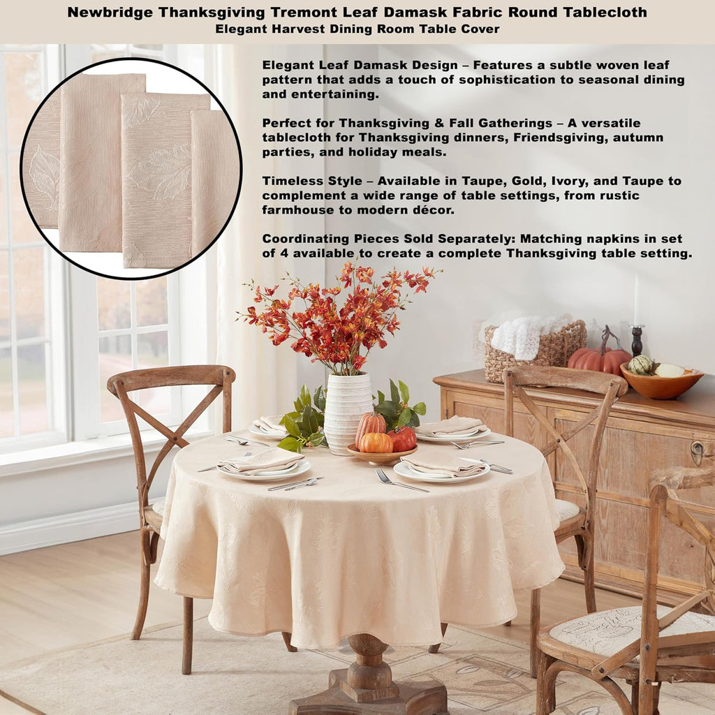 Taupe Tremont Leaf Damask Round Fabric Spring Lodge Tablecloth, 70 Inch, Elegant Holiday Swirling Le