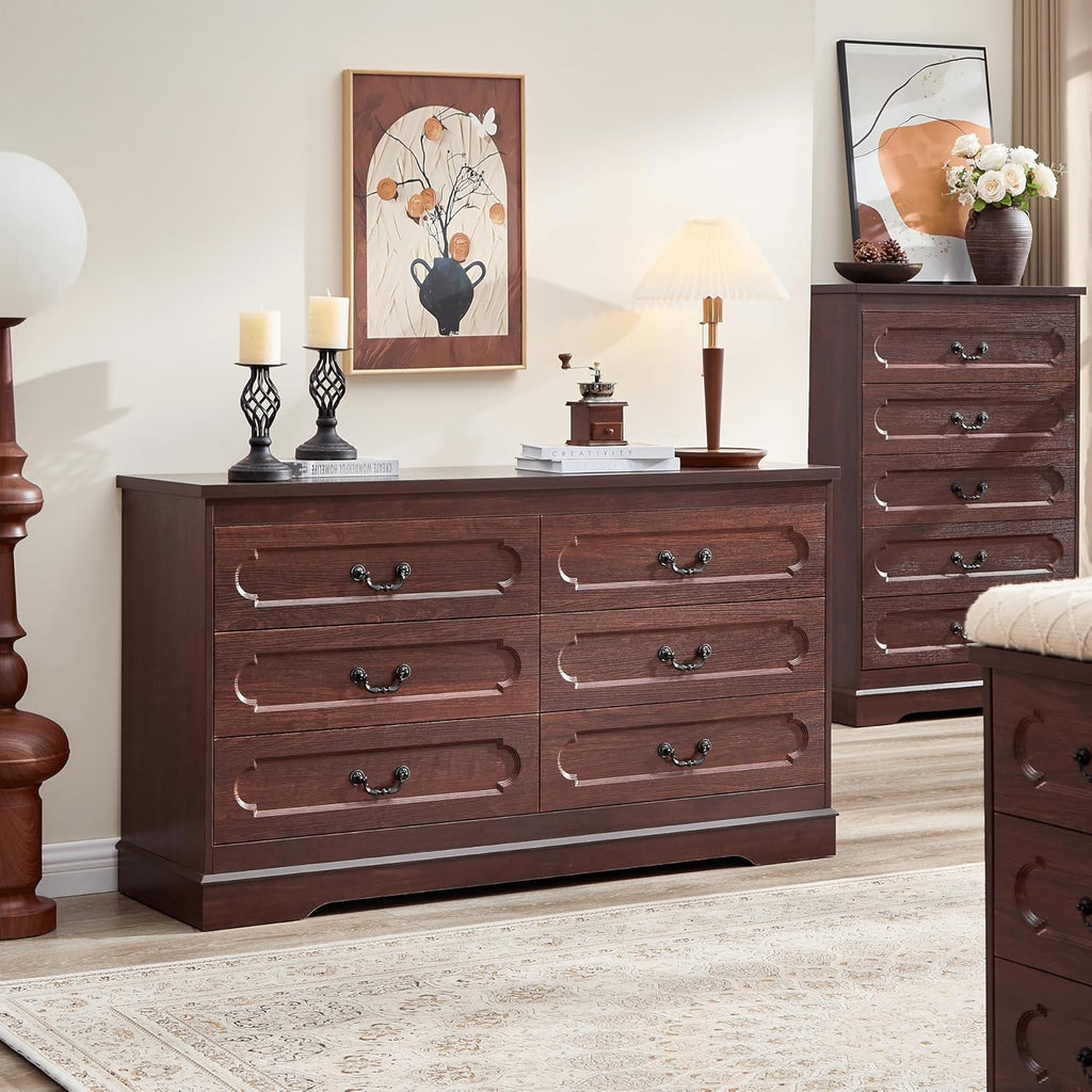 6 Drawer Dresser Cherry Bedroom Dresser 47.2" Wide Wood Cabinet | Farmhouse Wood Chest of Drawers , Modern Rustic