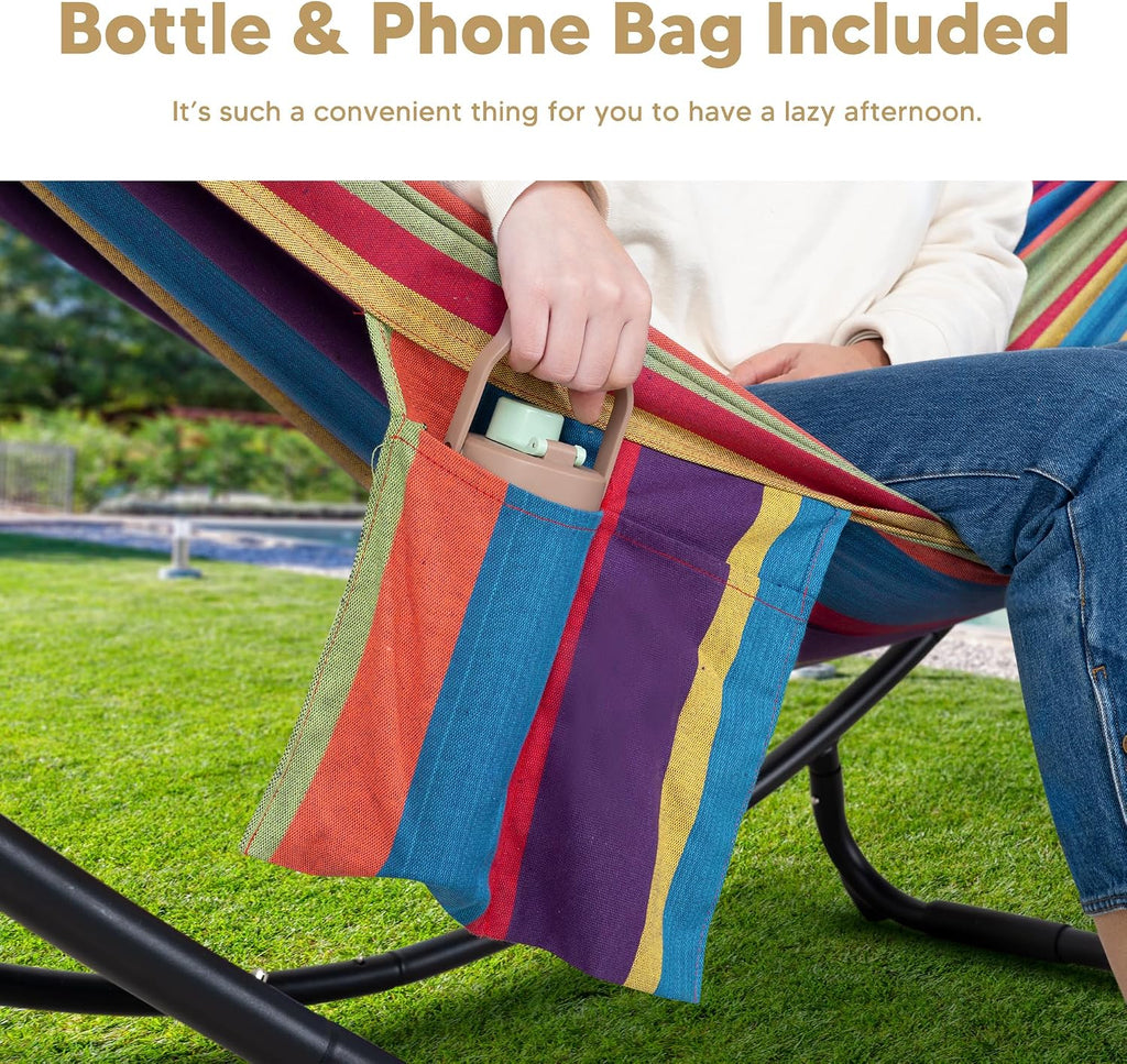 Portable Space Saving Hammock with Stand, Two Person Hammock with Stand Included, Patent Pending, Rainbow