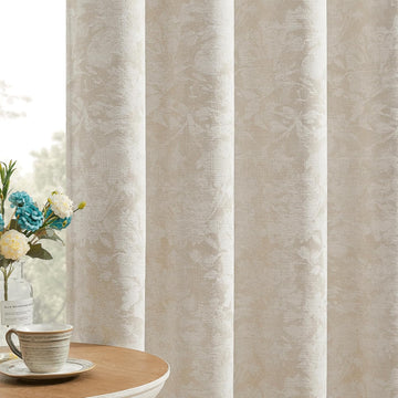 Beige Floral Jacquard Blackout Curtains 52x63 2 Panels