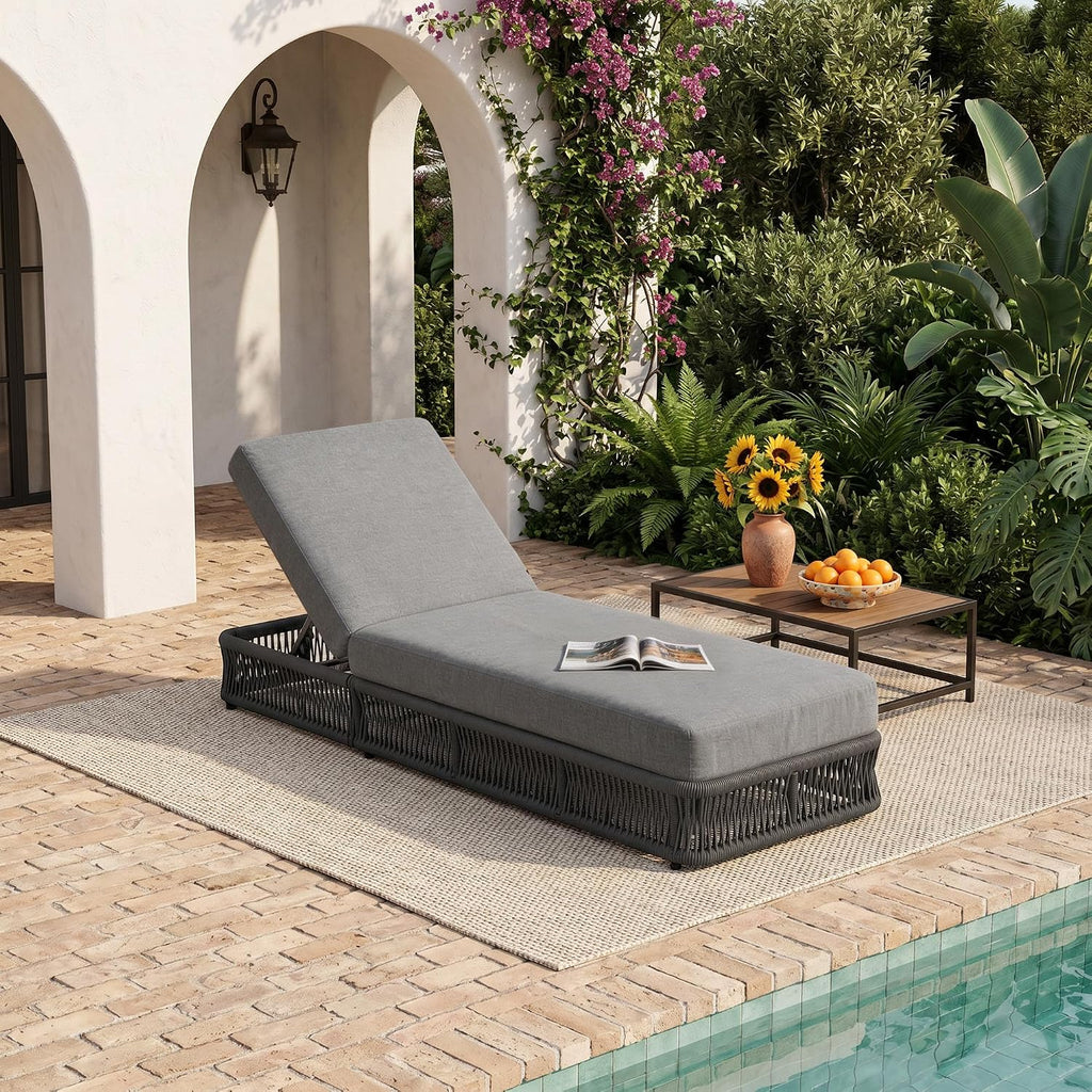 Outdoor Chaise Lounge Chairs Set of 2, 6 Adjustable Backrest Patio Lounge Chair, Woven Wicker Rope Patio Recliner