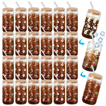24 Pcs Christmas Color Changing Cups with Lids and Straws 16 oz Christmas Glass Tumblers Xmas Iced Coffee Cup Can