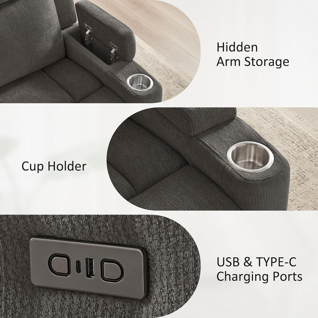 Power Nursery Glider Rocking Chair, Comfy Chenille Grey | 270° Swivel, USB & Type-C Ports, Cup Holder & Armrest