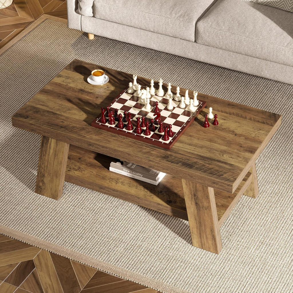 47-Inch Farmhouse Coffee Table with Storage Shelf, Rustic Wooden Center Table, 2-Tier Rectangle Coffee Table (Rustic ...