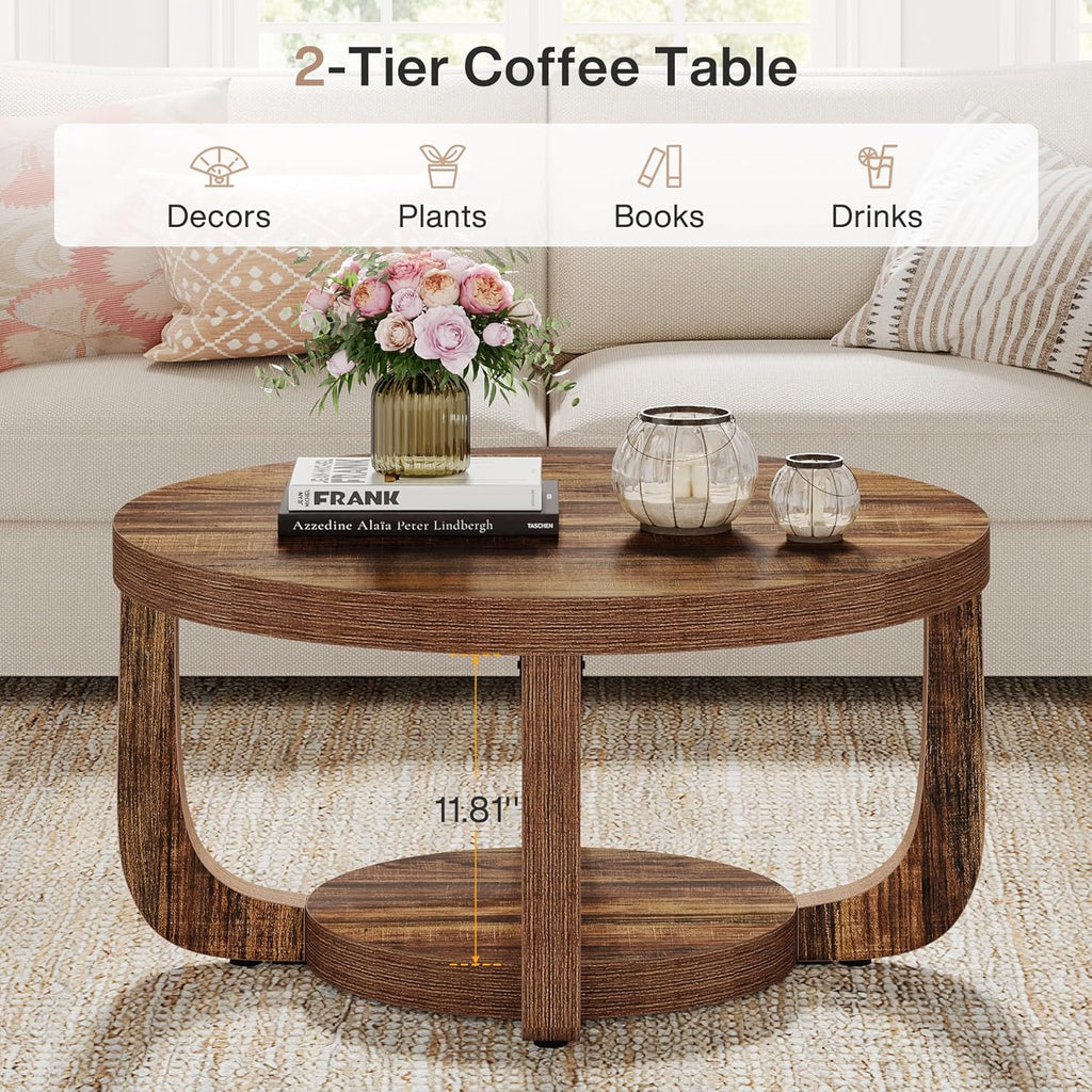 Round Coffee Table, 2-Tier Circle Coffee Table with Storage, Modern Wooden Accent Center Table, Thick Tabletop & Base