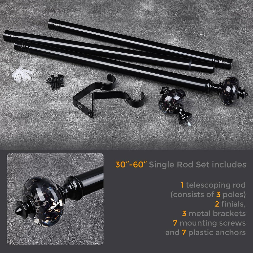 Black Curtain Rod for Windows 28 to 48 Inches, 1'' Heavy Duty Adjustable Modern Drapery Rods with Unique Crystal
