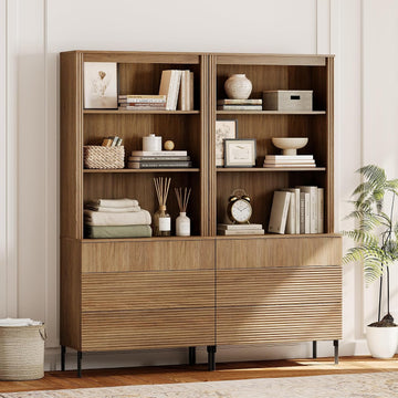 71.5" Tall Bookcase with 3 Drawers, Modern Fluted Bookcase with Adjustable Shelves, Wooden Storage Cabinet , Walnut
