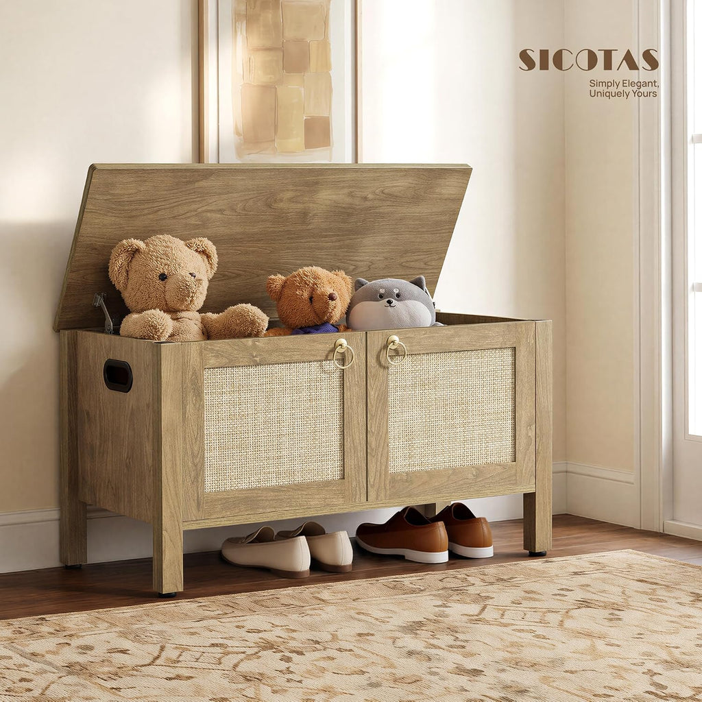 Rattan Storage Bench Boho Storage Chest with 2 Safety Hinges | Wood Storage Truck Box , Supports 220 lb