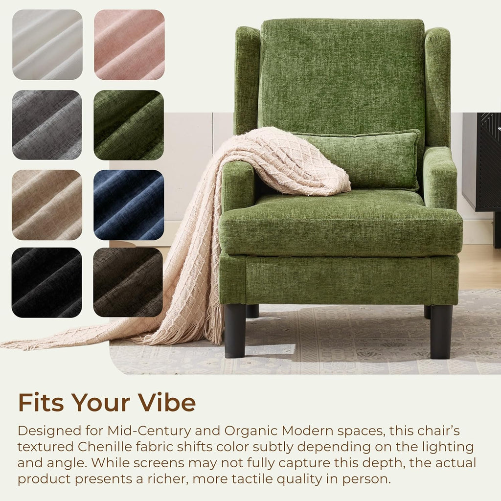 Wingback Accent Chair , Mid-Century Modern Reading Chair , Modern Chenille Upholstered Comfy Armchair with High Back