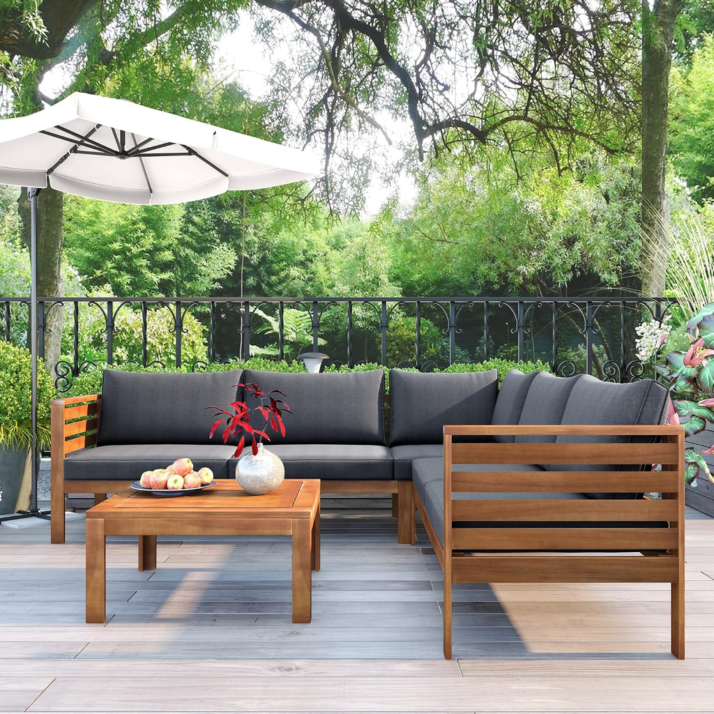 Outdoor Patio Natural Furniture Set L-Shaped Sofa Set, 4-Piece Acacia Wood Sectional Conversation Set with Loveseat