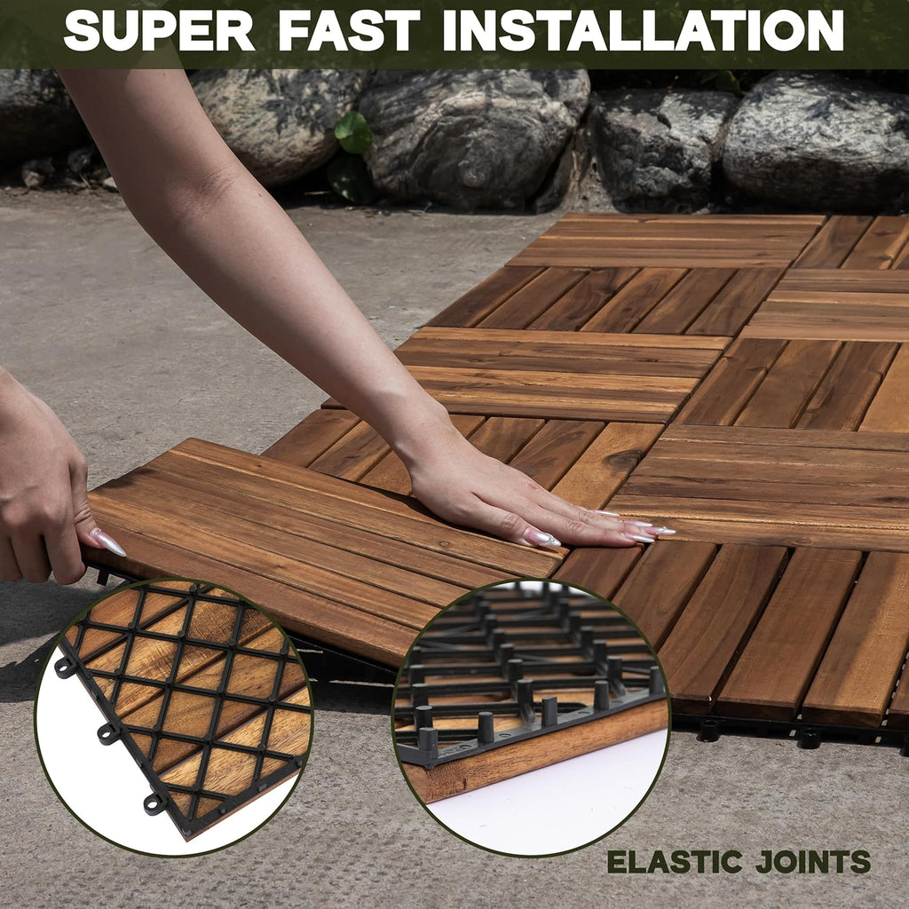 Natural Acacia 12x12 Interlocking Wood Deck Tiles for Balcony, Garden, Patio, Poolside Decor - Waterproof Indoor &