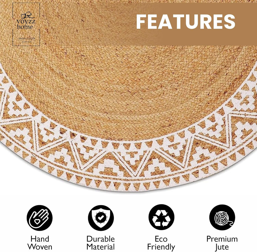 Premium Natural Jute Braided Area Rug, 6-feet Round, White Printed Border, Stain Resistance, Natural