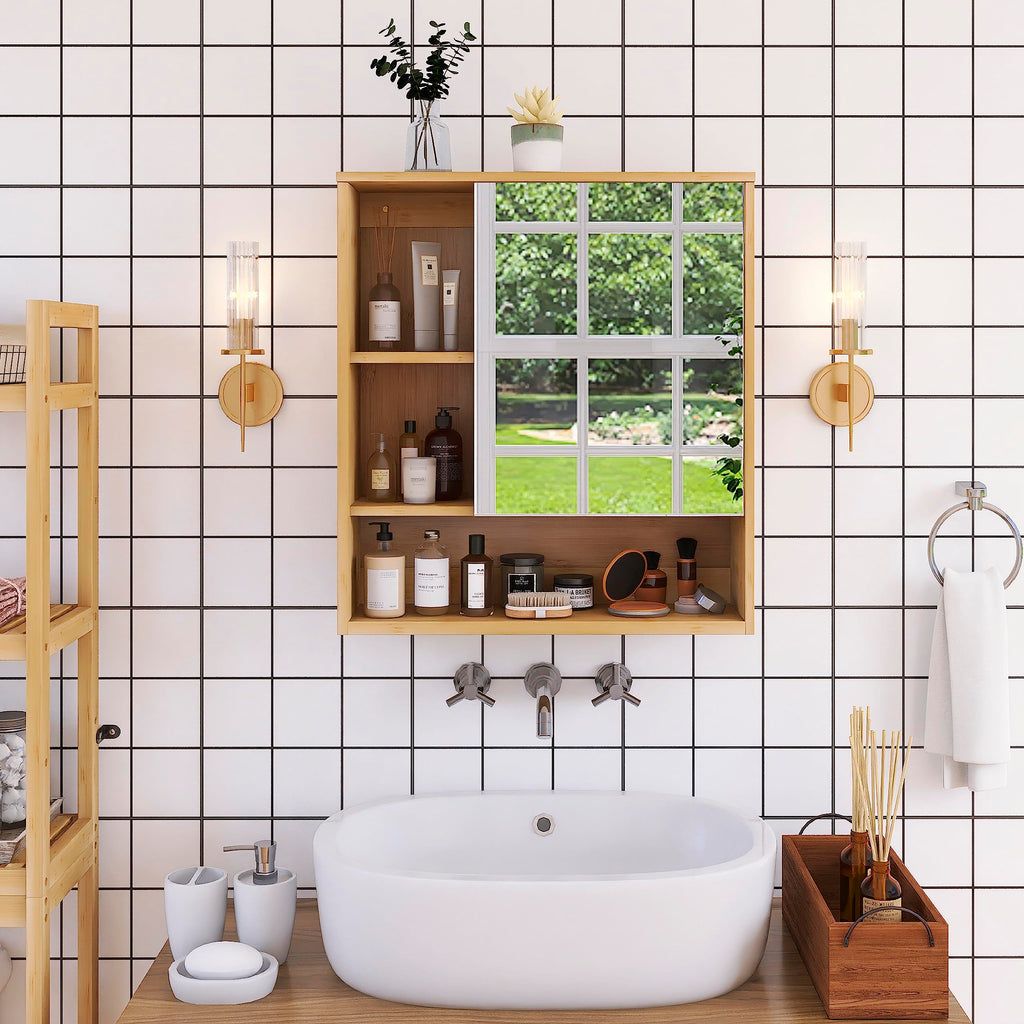 Bathroom Mirror Cabinet Wall Mounted, Bamboo Space Saver Medicine Cabinet, Wall Hanging Over Toilet Storage Cabinet