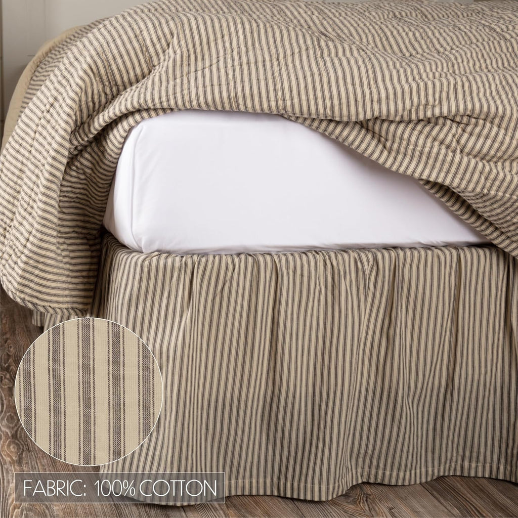 Sawyer Mill Ticking Striped Cotton Farmhouse Split Corners Gathered Queen Bed Skirt, 60x80x16, Charcoal Dark Creme