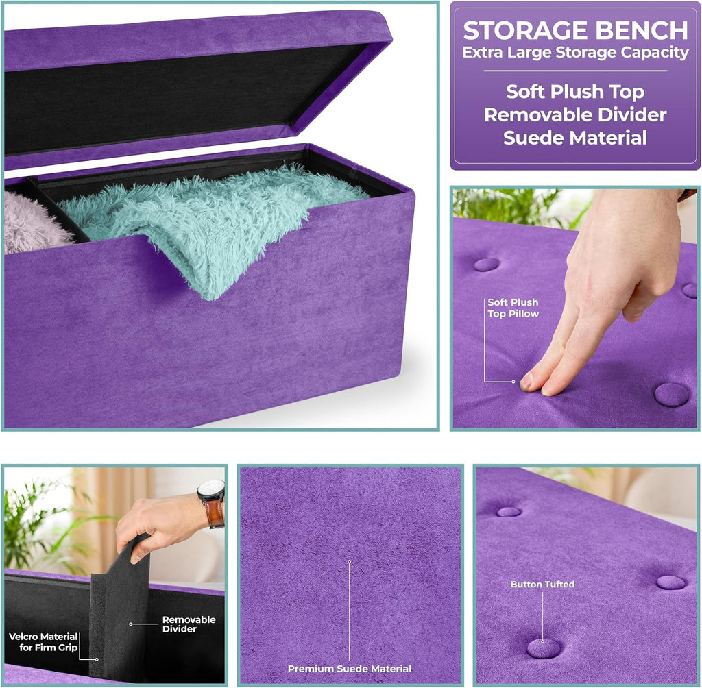 Storage Ottoman Bench - 43 in Purple Toy Box , End of Bed, Bedroom Bench Large Folding Chest Seat Trunk Blankets