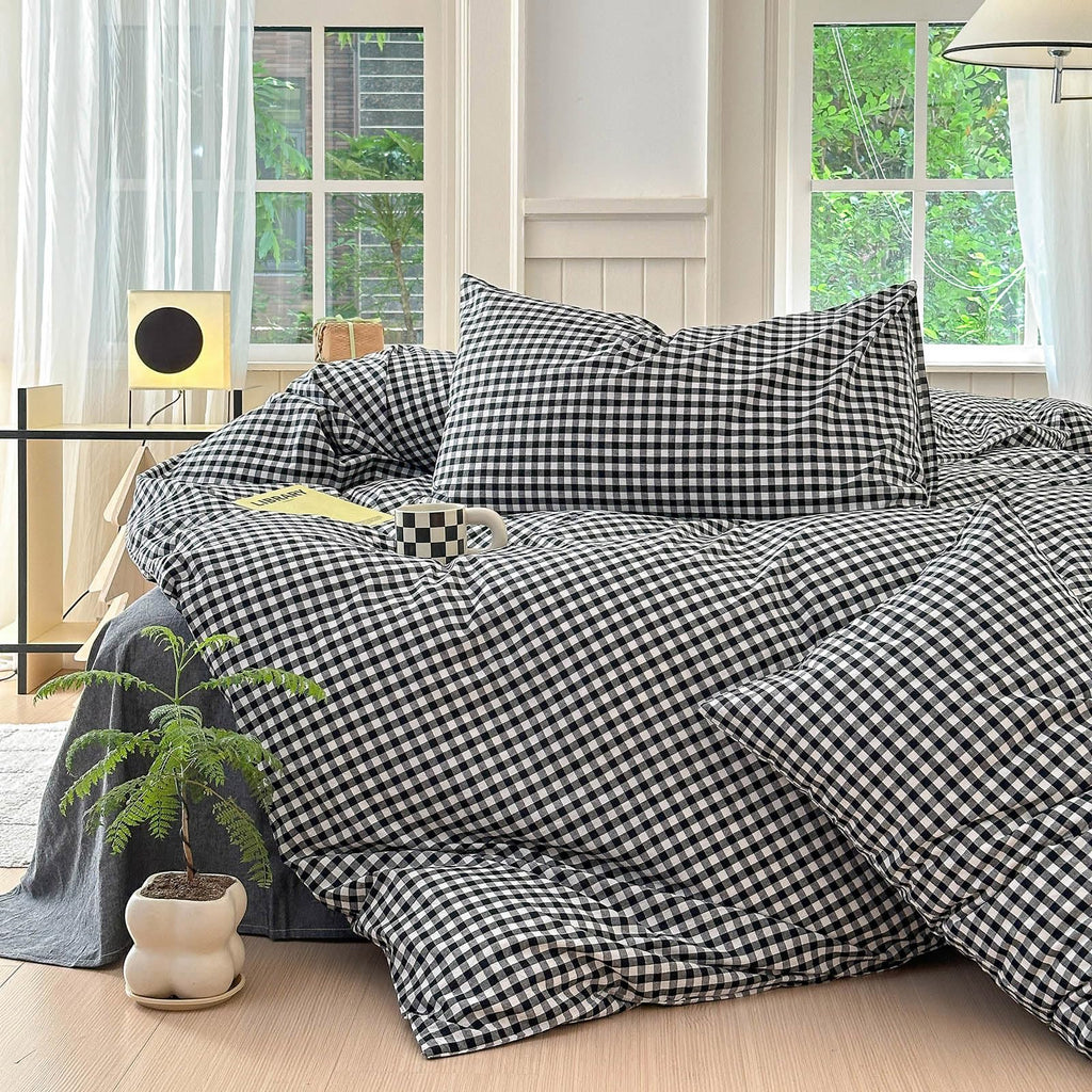 Black Gingham Comforter Full Size Boho Plaid Checkered Pattern Comforter Geometric Grid Plaid Printed Bedding