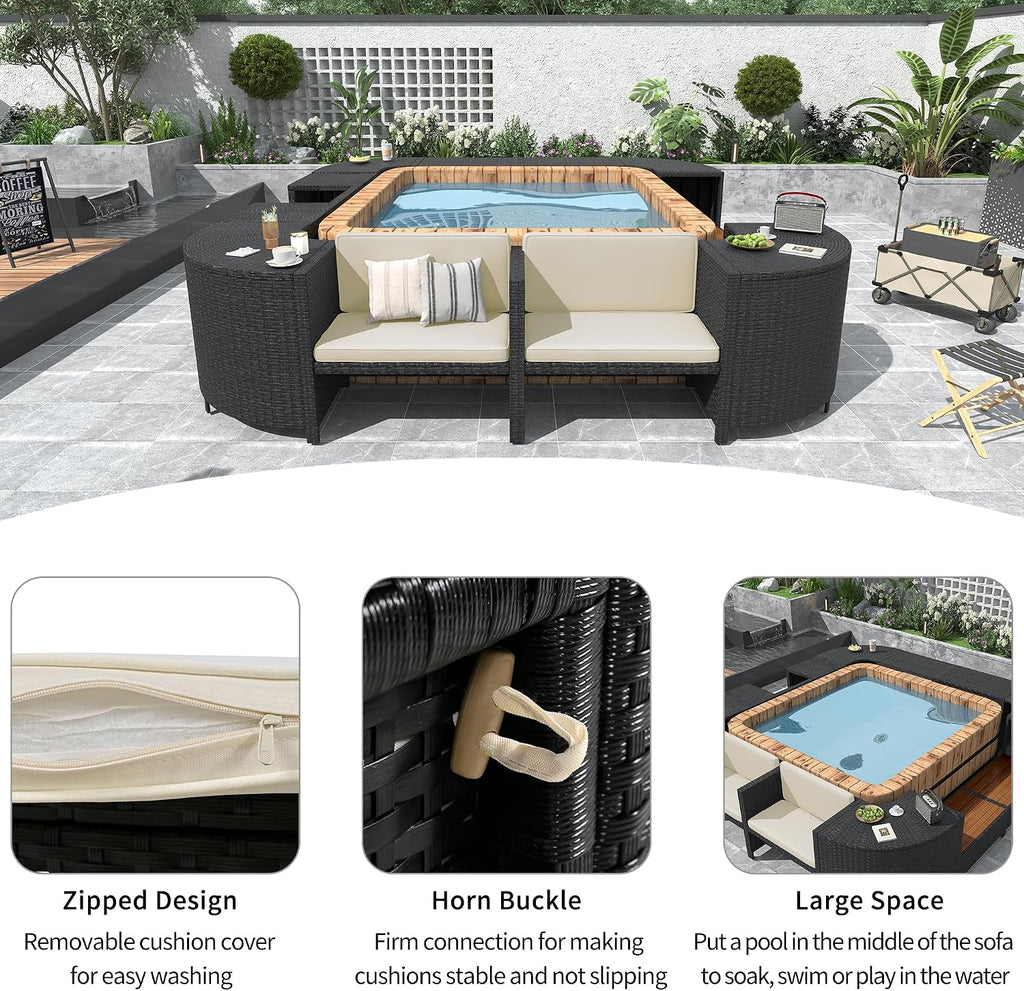 Patio Furniture Set with Mini Sofa, Wooden Seats and Storage Spaces, Outdoor Conversation Sets , Lawn, Garden