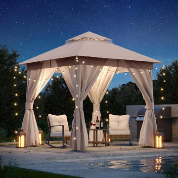 Patio Gazebo 8'x8', Outdoor Heavy Duty Party Tent Shelter with Double Roofs, Mosquito Nettings and Privacy Screens Khaki