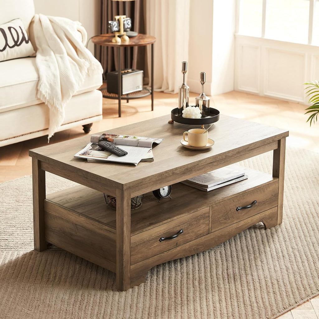Farmhouse Coffee Table with Storage, Wood Coffee Table, Open Display Area and Storage Drawers with Metal Handles