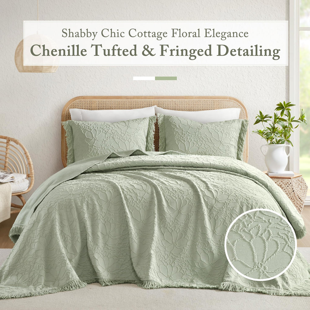 Oversized Chenille Floral Bespread, 3PC Queen Bedspread