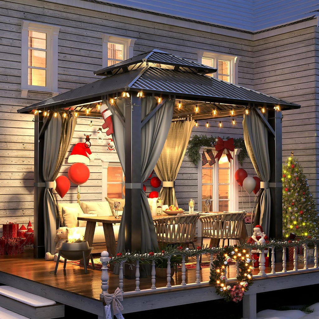 8.5' x 8.5' Outdoor Hardtop Gazebo - Aluminum Heavy-Duty Double Roof Vented Gazebo with Breathable Netting & Privacy