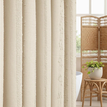 Beige Shower Curtain Boho, 72 x 72 Cotton Blend Waffle Weave Stripe Textured Heavy Duty, Fabric Shower Curtain