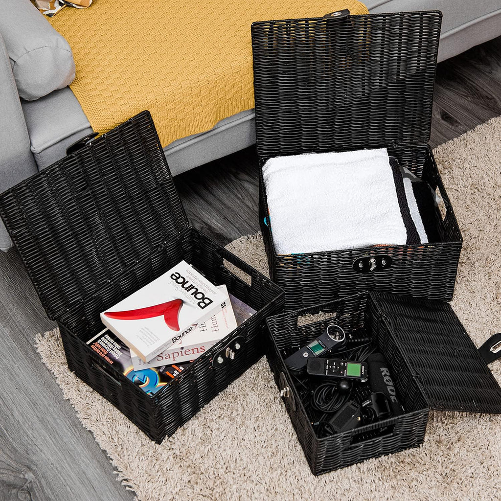 Set of 3 Woven Wicker Storage Basket Box with Lids & Lock, Built-in Carry Handles, Multifunctional Storage Organizer
