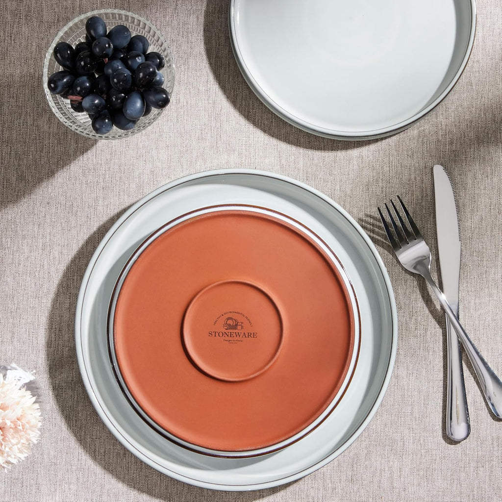 12 Pieces Stoneware Dinnerware Set for 4, Ceramic Dinner Dishware SetsPlates and Bowls with Rustic Terracotta Bottom