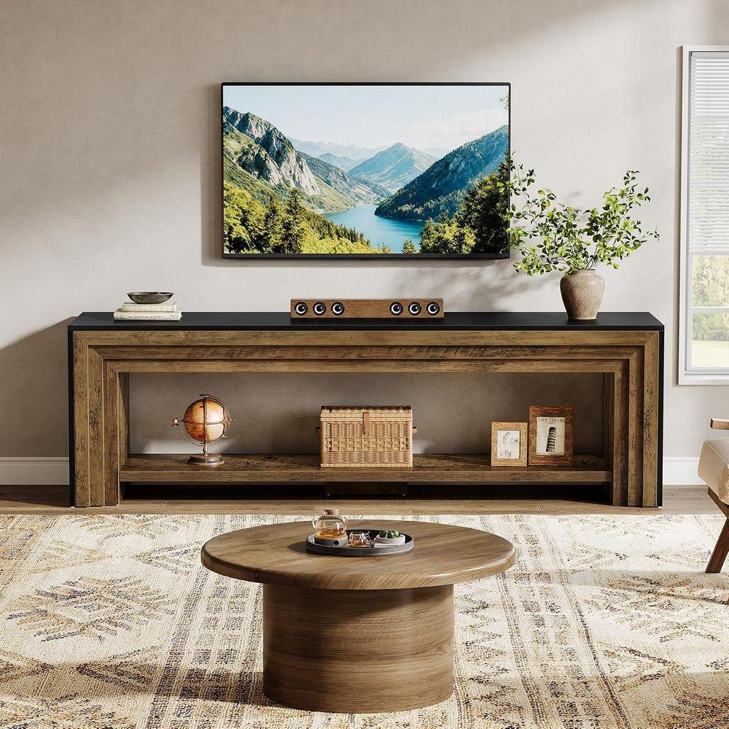 70" Long TV Stand for 75-Inch TV, Farmhouse Entertainment Center | Low Media Console Wooden Television Stand for Living Room, Bedroom Open Storage Shelves, Two-Tone Design Rustic Brown & Black