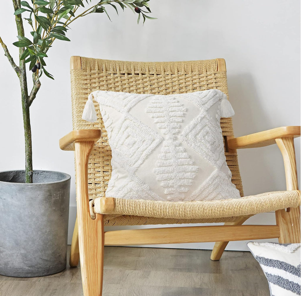 Boho Sofa Throw Pillow Covers - Exquisitely Crafted with Hand-Finished Tuft with Thick Cotton Tassel Details - Soft &