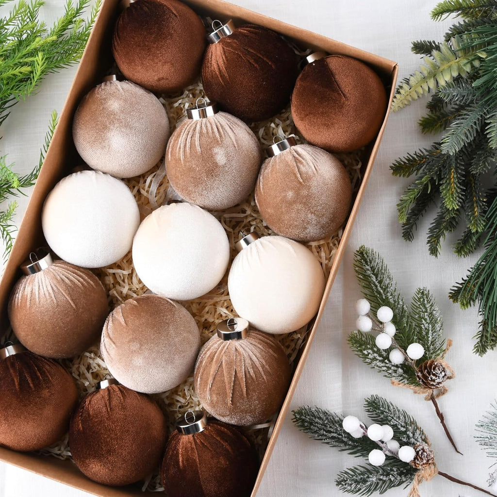 Brown Velvet Christmas Tree Ornaments - Shatterproof Christmas Balls for Xmas Trees Decorations - Multicolor - Set of 15