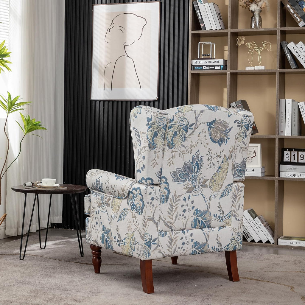 Modern Wingback Accent Chair with Solid Wood Legs and Cushion, Comfy Upholstered Floral Pattern Armchair, Retro