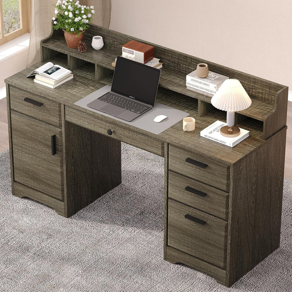 58 Inch Executive Desk with File Drawers, Computer Desk with Storage, Rustic Desk with Adjustable Shelves