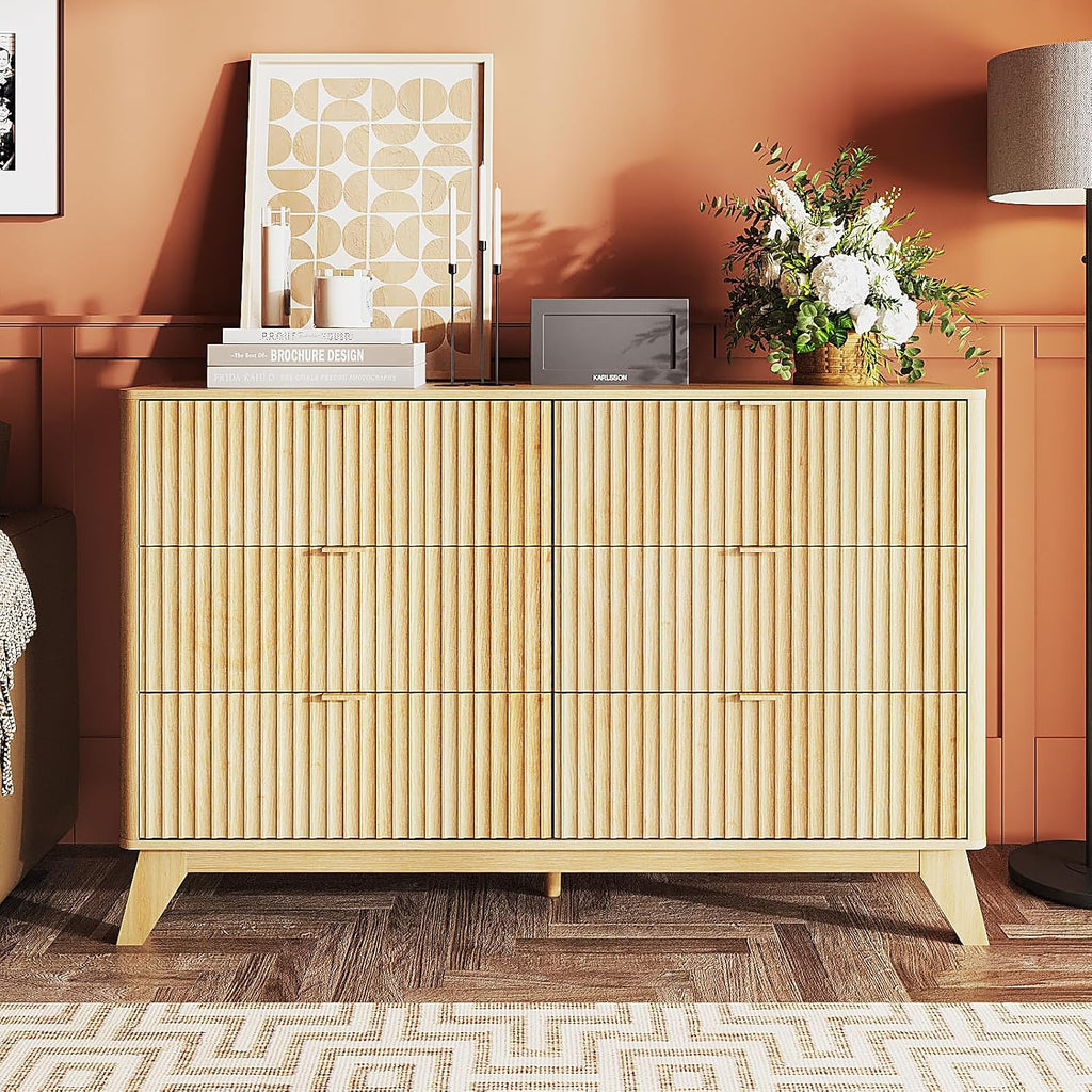 Fluted Dresser , 6 Drawer Dresser w/Rounded Edges, Mid Century Modern Dressers Natural Wood Color, 46.8" W*15.6"