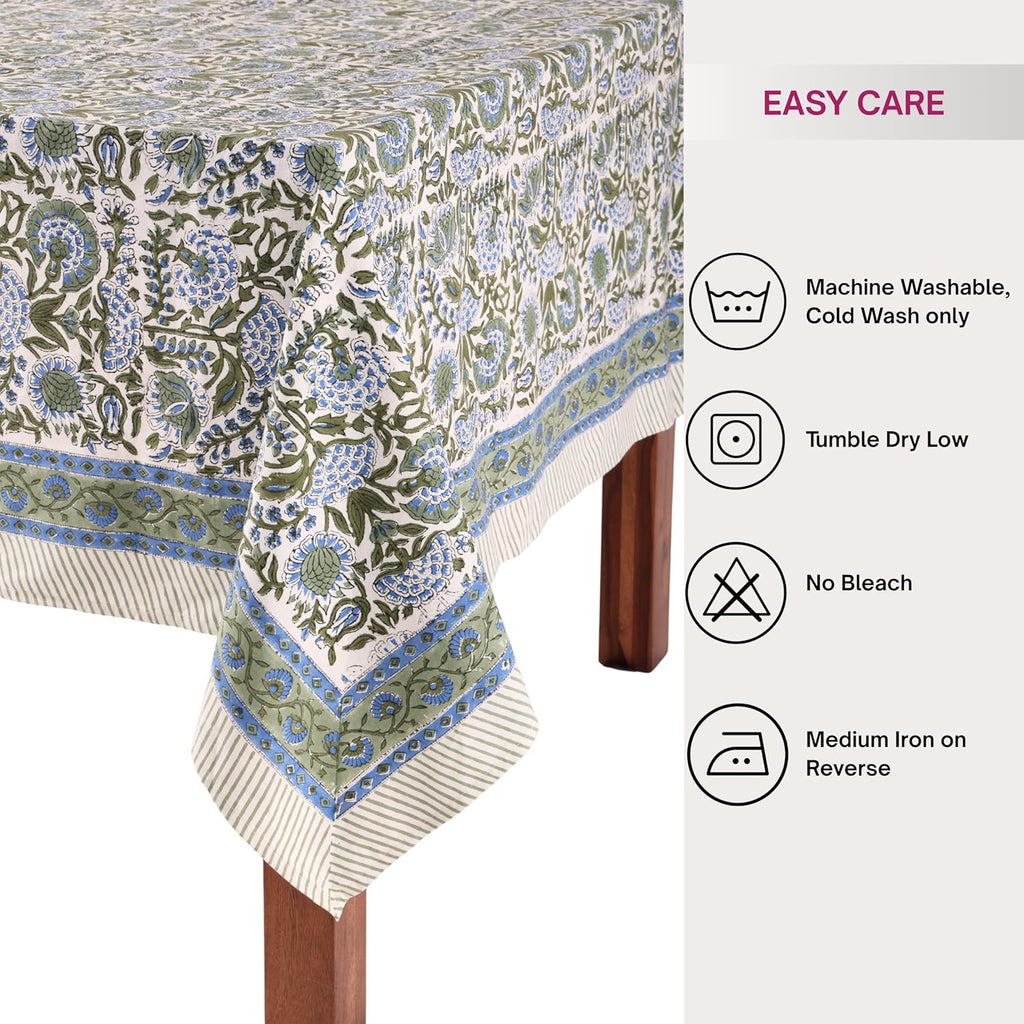 Clover Blue 100% Cotton Rectangle Fall Tablecloth, Handblock Floral Linen Table Cloth Dining Table I