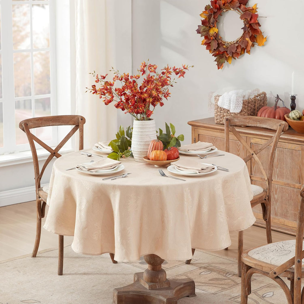 Taupe Tremont Leaf Damask Round Fabric Spring Lodge Tablecloth, 70 Inch, Elegant Holiday Swirling Le