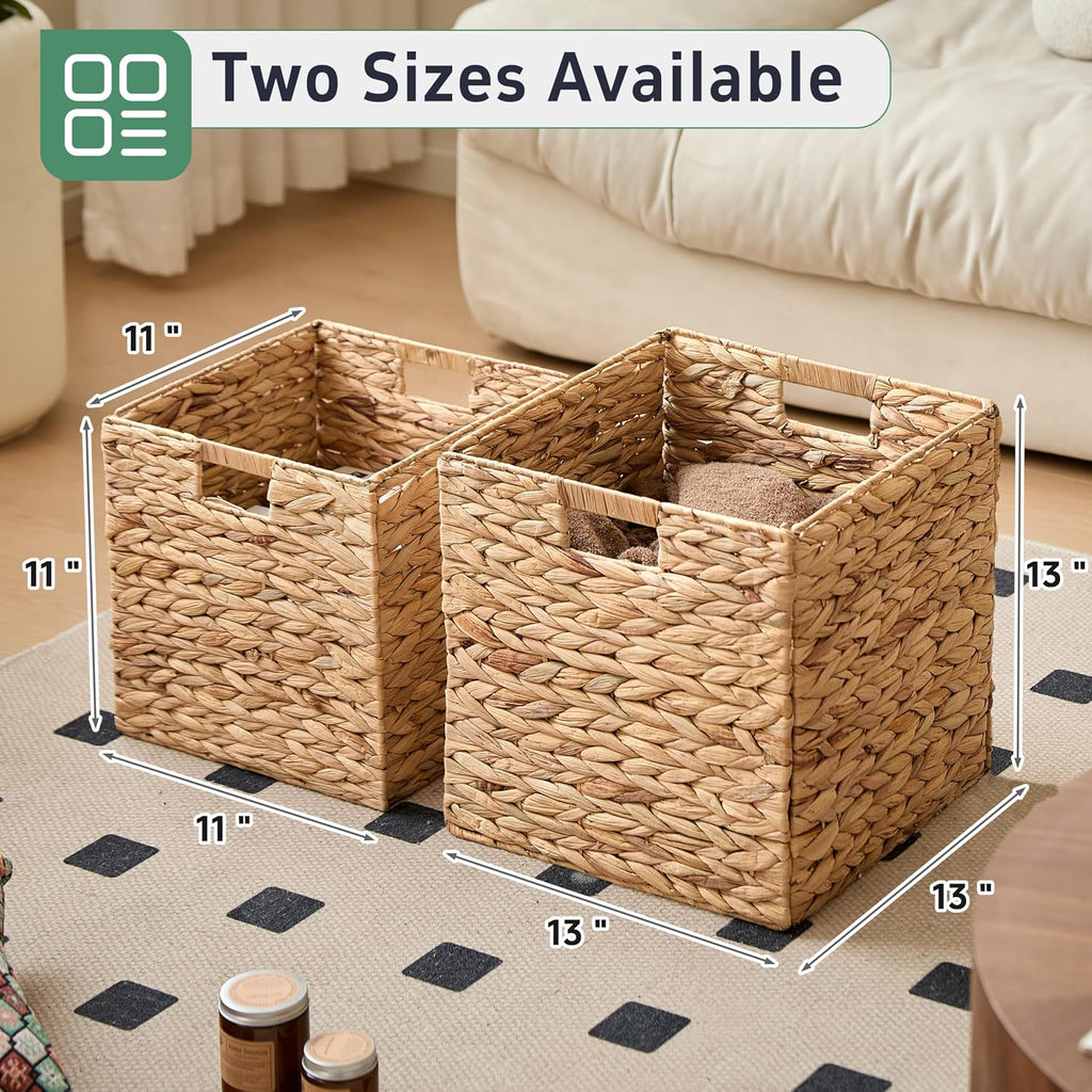 13x13x13 Wicker Storage Basket Set of 4, Water Hyacinth Woven Basket with Handles, Wicker Cube Storage Bins for