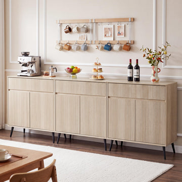 92" Large Fluted Module Sideboard Buffet Cabinet W/ Storage, Light Oak