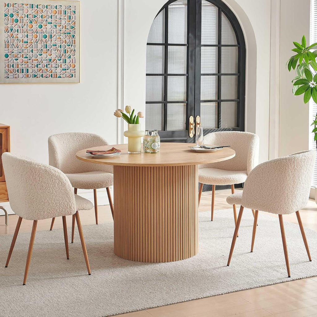 47" Round Dining Table for 4, Modern Farmhouse Wood Veneer Top with MDF Striped Base, Kitchen & Dining Room Tables