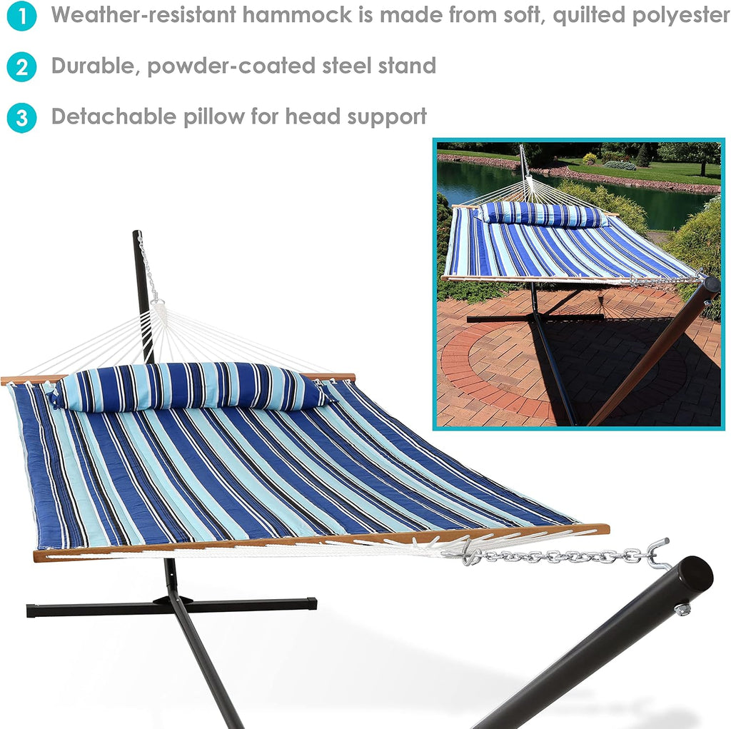 Double Outdoor Hammock with Stand, Catalina Beach | 400 lb Capacity Quilted 2 Person Hammock with Stand, Pillow