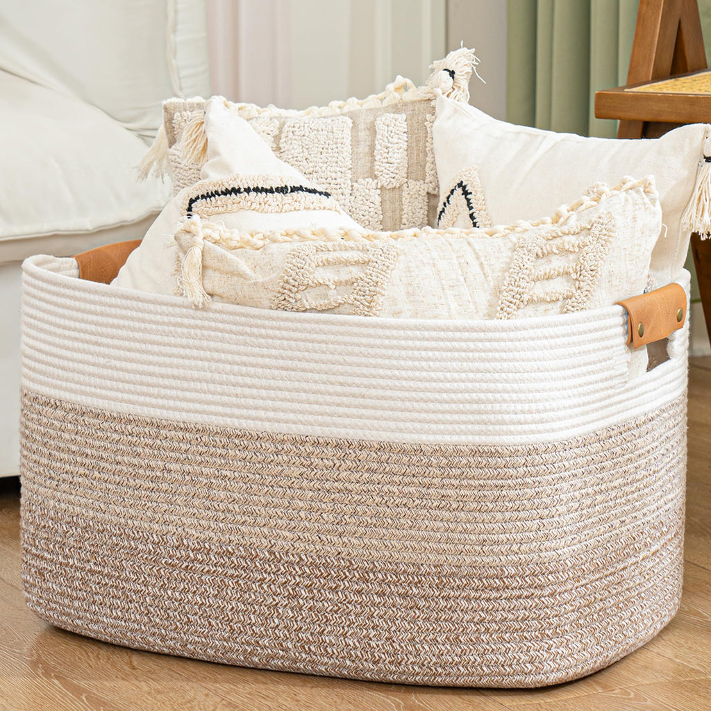 Blanket Basket, 72L Woven Storage basket with Leather Handle, Eco-friendly Decorative Storage Organization for Towels