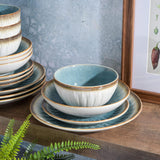 Mayfair Bay 16-Piece Embossed Double Bowl Dinnerware Set, Service for 4 - Blue Stoneware Plates and Bowls