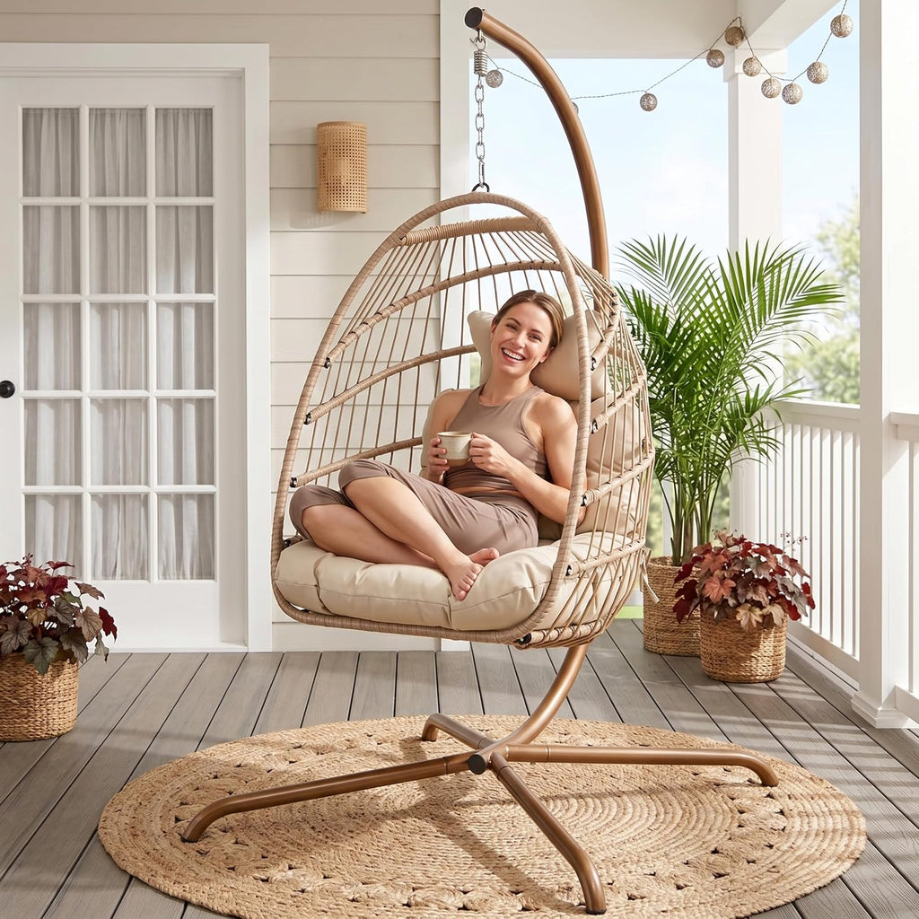 Hanging Egg Chair with Stand, Boho Wicker Egg Swing Chair | 350 Lbs Capacity, Beige Boho Wicker Egg Swing Chair