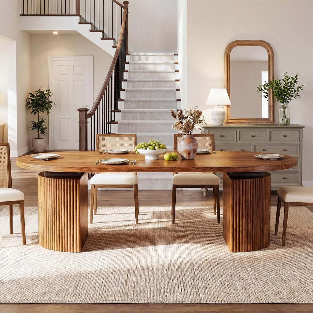 Extendable Round Dining Table for 4-8, 39in-77in Long Large Kitchen Table with Fluted Base, Space Saving Modern