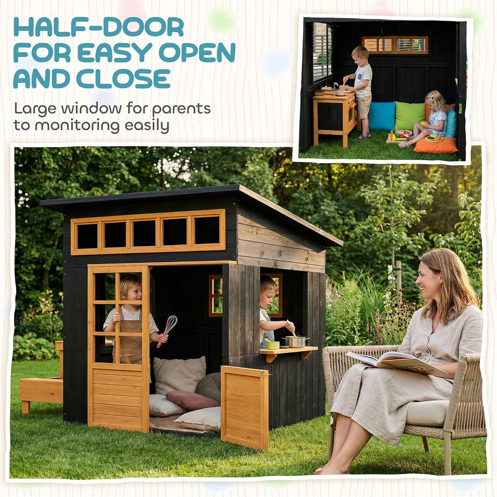 Playhouse - Solid Fir Wood, Chalkboard Panels, Attached Table & Benches, Spacious Interior, Ages 3-8, 76" L