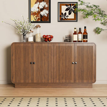 58 Inch Sideboard Buffet Cabinet with Storage, Curved Edges Buffet Storage Cabinet with 4 Fluted Doors, Mid Century
